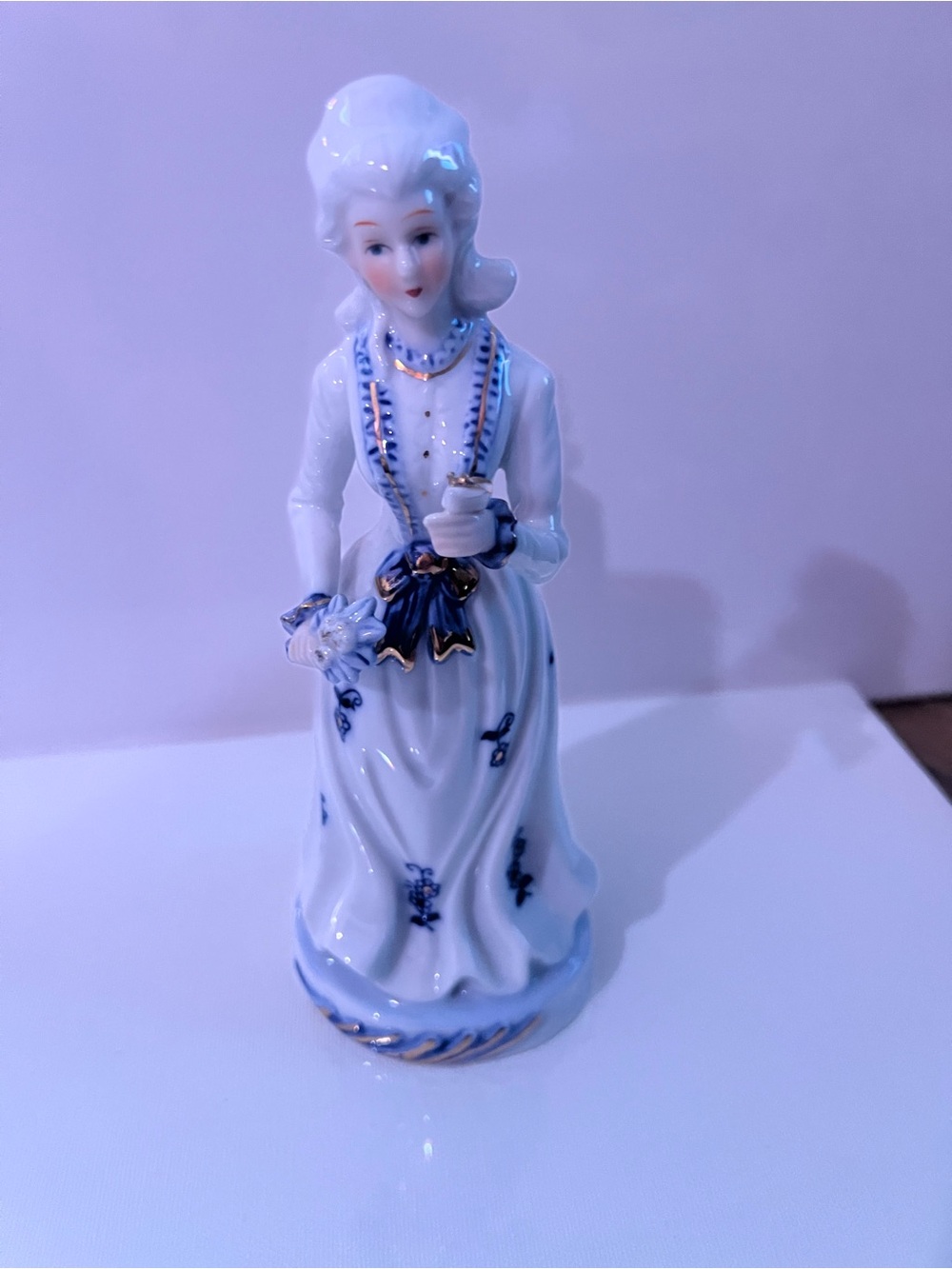 Vintage Hand-Painted Porcelain Lady Figurine in White, Blue & Gold